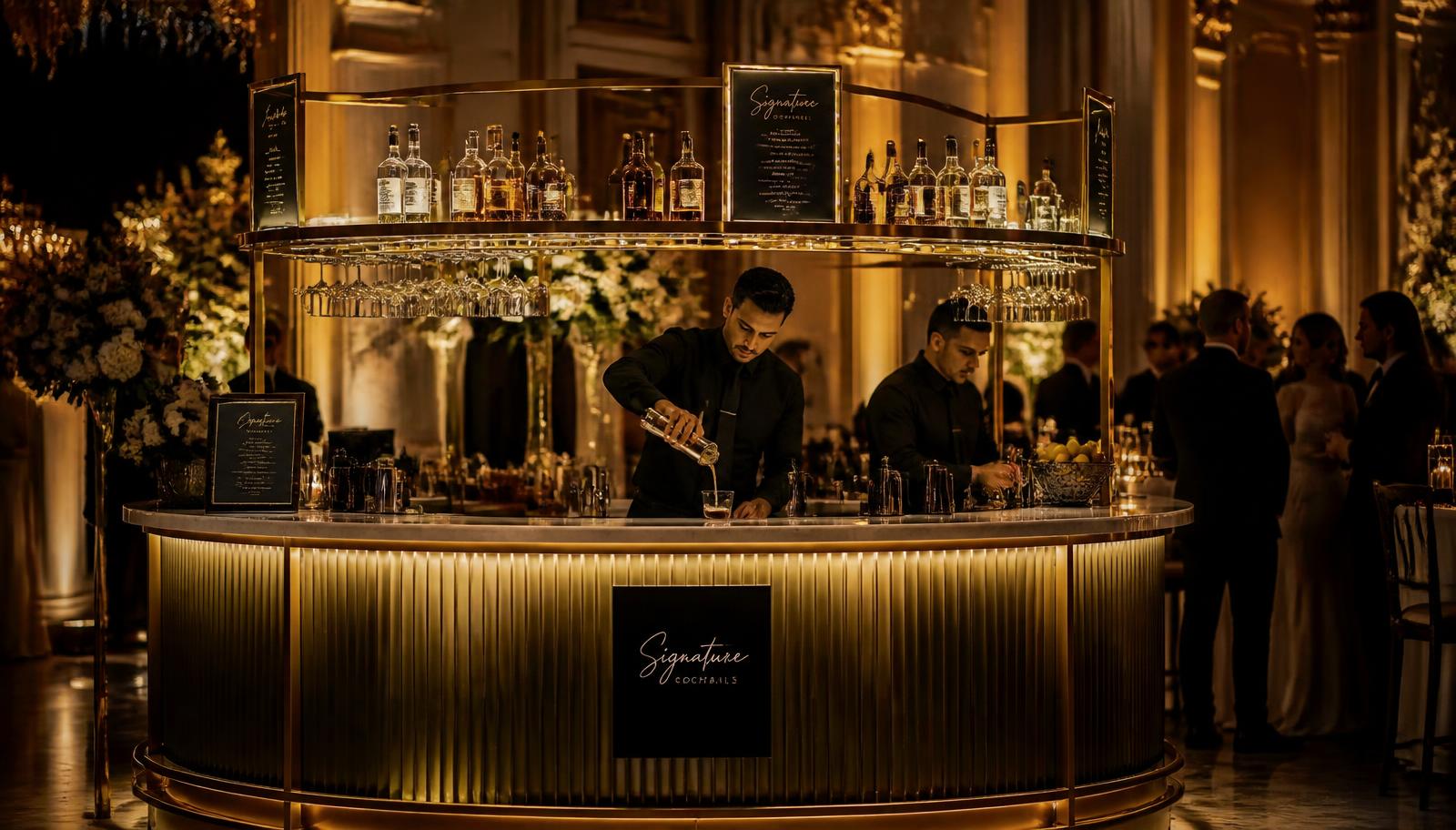 Toast 'N' Sip illuminated bar setup at an evening event