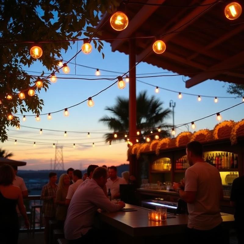 Bartender serving at a rustic outdoor bar under string lights