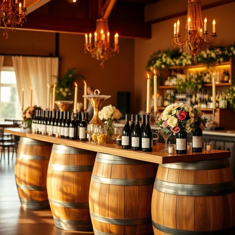 Wine display styled on barrels at a wedding reception